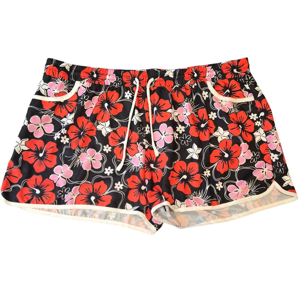 In'Voland Womens 24W Board Shorts Tropical Hibiscus Floral Swim Black Red Pink